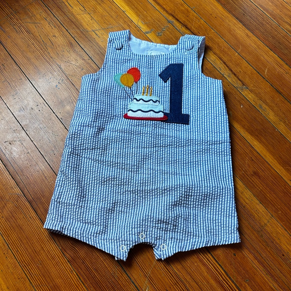 Mud Pie Blue Striped Birthday One Piece